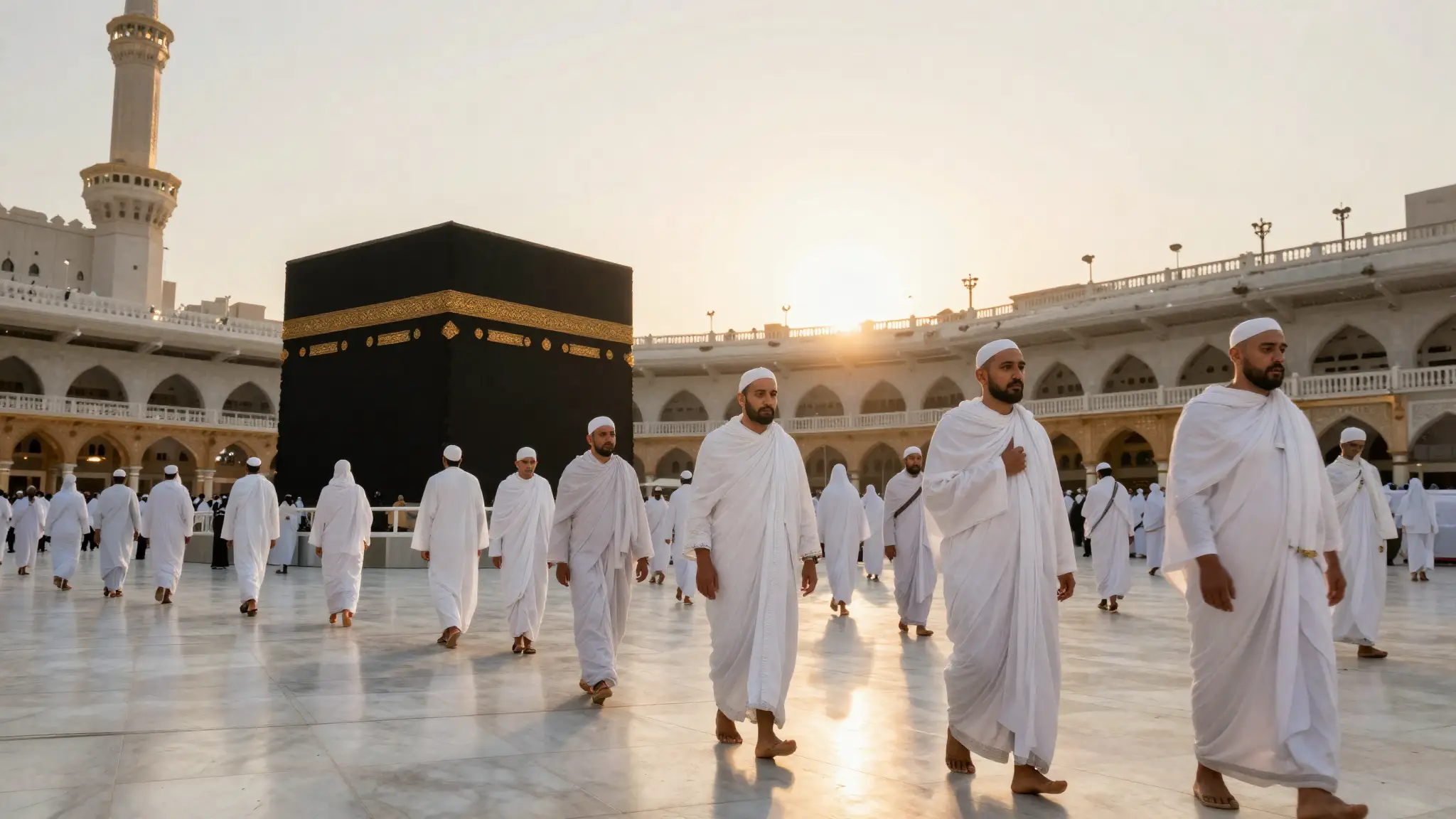 معتمرون بلباس الإحرام الأبيض يطوفون حول الكعبة المشرفة في المسجد الحرام بمكة عند شروق الشمس أثناء أداء مناسك العمرة